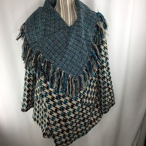 Blue fringe reversible open wool blend coat